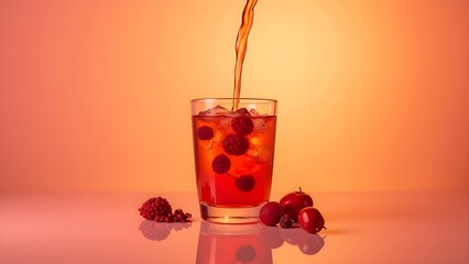 Rosehip Goji Tea with Citrus Pour in Soft Red-Orange Editorial Scene