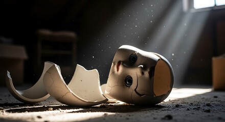 Broken doll's head on a dusty floor illuminated by a ray of sunlight in a dark, abandoned room.