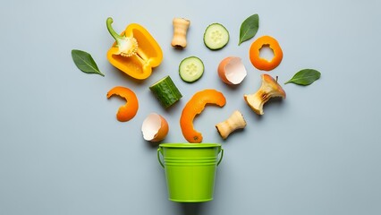 Composting bucket with organic food scraps on light blue gray background