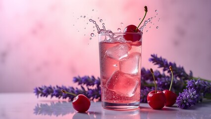 Romantic Cherry Lavender Sparkling Soda with Mid-Air Splash