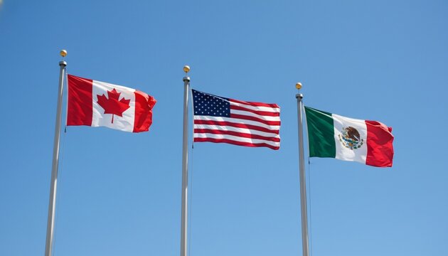 National flags of Canada, United States, and Mexico waving proudly under a bright blue sky, symbolizing North American unity, cooperation, and international relations