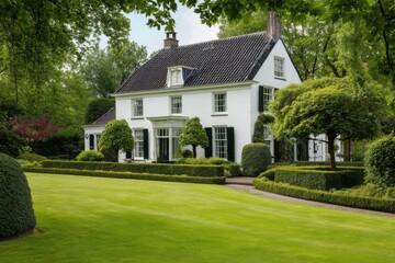 Obraz premium White house with garden and trimmed bushes situated in a green area with trees on a sunny day in a residential neighborhood