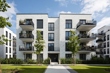 A contemporary apartment building situated in a tranquil residential neighborhood features spacious balconies and lush green areas, all within close proximity to the bustling urban center.