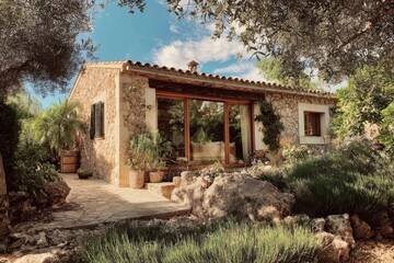 A charming rustic stone house nestled in a picturesque garden, bathed in daylight and surrounded by lush greenery and a bright blue sky overhead
