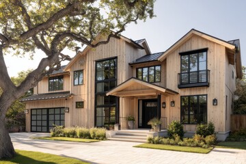 Modern wooden house with large windows and greenery in the front yard during daytime with clear sky and sunlight shining on the exterior