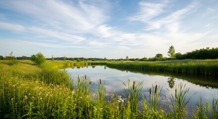Tranquil water retention pond in lush green wetlands reflecting a blue sky for environmental preservation concept and ecological balance