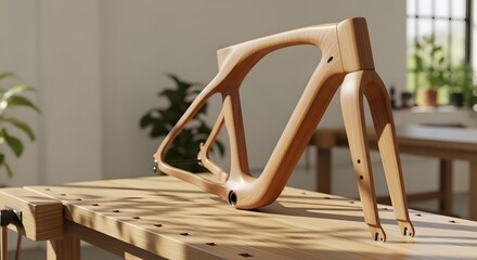 Innovative wooden e-bike frame resting on a workbench in a sunlit studio, representing sustainable design concept and future eco-friendly transport