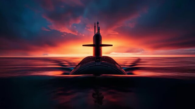 Submarine at Sunset: A stealthy submarine cuts through the tranquil waters, silhouetted against a dramatic sunset. The imposing vessel exudes power.
