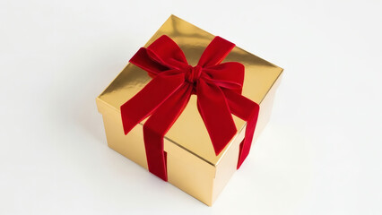 Obraz premium A shiny gold gift box with a red ribbon on a white background view