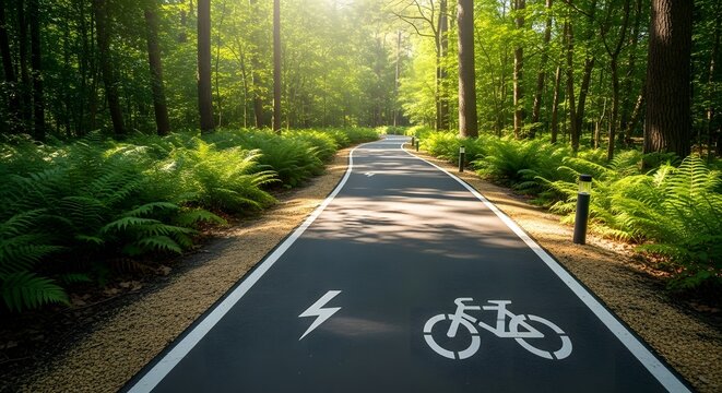 Sunlit electric bike path winding through a lush green forest, promoting sustainable travel concept and clean energy - Powered by Adobe