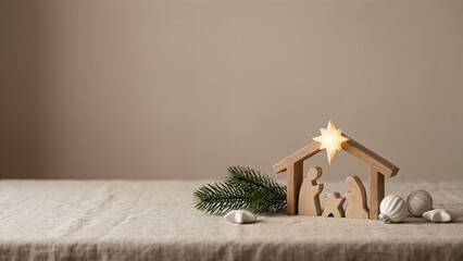 Obraz premium Wooden nativity scene with holy family figurines and glowing star above stable. Christmas decoration depicting birth of jesus for holiday traditions and faith celebration.