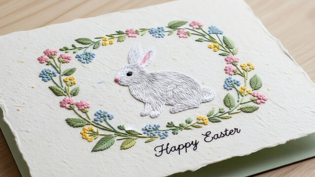 Embroidered easter card with bunny and floral wreath decoration