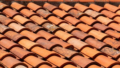Medium shot of vibrant clay tiles arranged on a roof emphasizing natural fireretardant properties and classic architectural aesthetics.