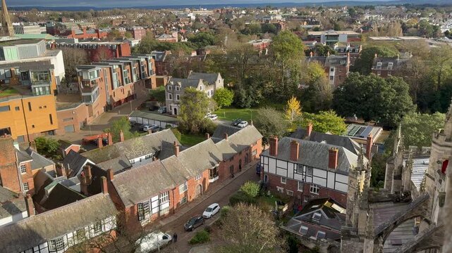 Aerial view from Exeter Cathedral of the main city in Devon with buildings and panoramic views England UK 4K