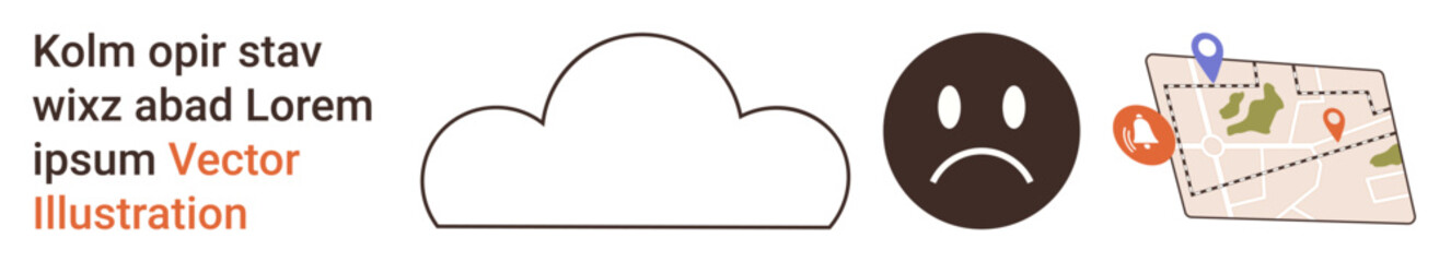 Navigation, emotions, mental health, location services, user experience, mapping. Cloud, sad face map with location pin icons. Location services and emotions visual