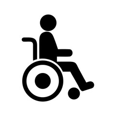 Black icon of a person sitting in a wheelchair on white background for accessibility signs