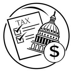 Taxation and Government Icon: Capitol Building, Dollar Sign, and Tax Form in Circle