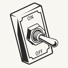 Light switch illustration with on and off positions, toggle button graphic design element