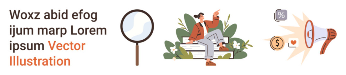 Marketing, branding, online advertising, communication, media, and search optimization. A person sitting on a bench, magnifying glass and megaphone with graphic icons. Marketing and branding concept