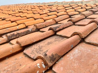 Rows of clay roof tiles are neatly arranged to form an attractive repetitive pattern, depicting traditional architectural elements and a rustic atmosphere.