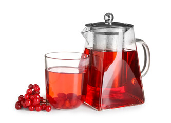 Glass teapot and cup of hot viburnum tea with fresh berries on white background