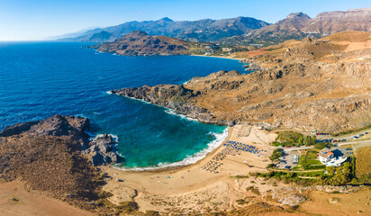 Aerial view of amazing Skinaria beach, Crete, Greece.