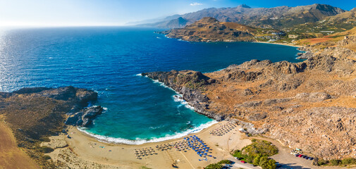 Aerial view of amazing Skinaria beach, Crete, Greece.