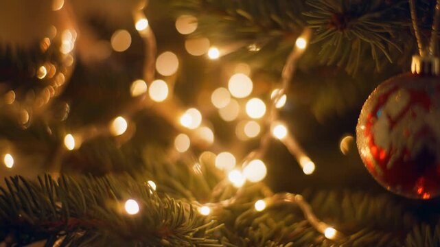 Warm festive holiday Christmas tree decorated with glowing string lights and colorful ornaments capturing cozy seasonal atmosphere