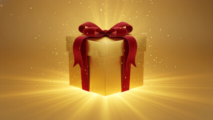 Golden gift box celebration with radiant festive light beams and magical sparkles for luxury holiday surprise birthday or christmas concept background