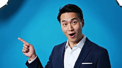 Confident business presenter pointing and reacting on blue studio footage. - Powered by Adobe