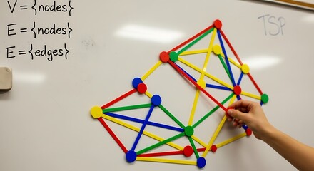 A hand points to a colorful physical model of a complex graph on a whiteboard, illustrating nodes and edges for a graph theory problem like TSP.