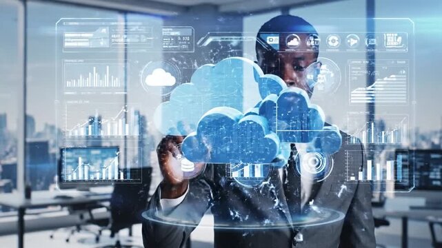Dynamic executive navigating cloud data on interactive interface, forecasting business trends with cutting-edge technology for future growth