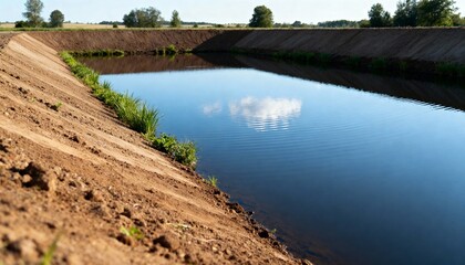 Fototapeta premium Medium shot of a constructed water retention pond with reflective water surface and adjacent soil berms illustrating ecofriendly flood control methods.