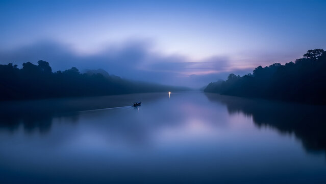 Misty Sunrise Landscape of Sungai Kampar Riau at Blue Hour