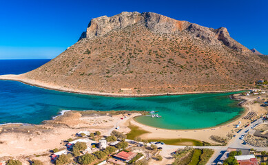 Aerial image of famous Stavros Zorbas beach, Crete Island, Greece, near Chania