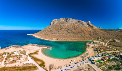 Aerial image of famous Stavros Zorbas beach, Crete Island, Greece, near Chania