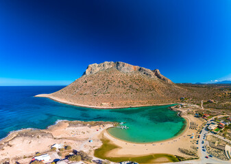 Aerial image of famous Stavros Zorbas beach, Crete Island, Greece, near Chania