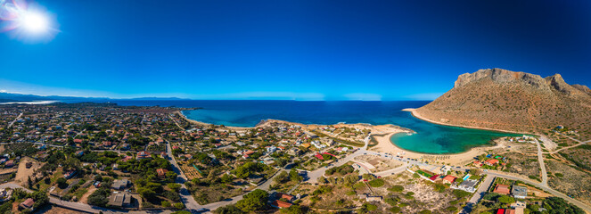 Aerial image of famous Stavros Zorbas beach, Crete Island, Greece, near Chania