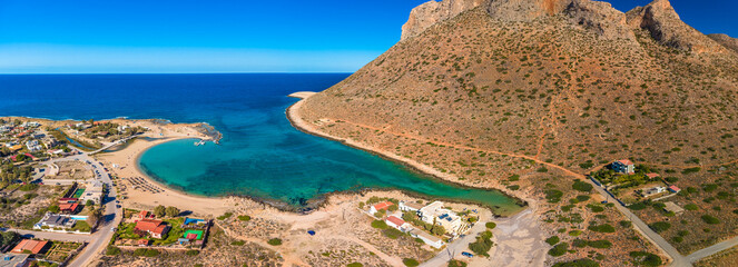 Aerial image of famous Stavros Zorbas beach, Crete Island, Greece, near Chania