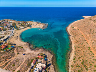 Aerial image of famous Stavros Zorbas beach, Crete Island, Greece, near Chania