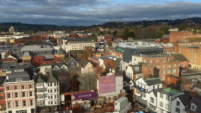 Aerial view from Exeter Cathedral of the main city in Devon with buildings and panoramic views England UK 4K
