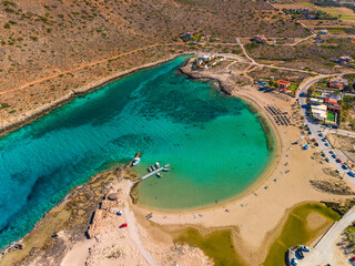 Aerial image of famous Stavros Zorbas beach, Crete Island, Greece, near Chania