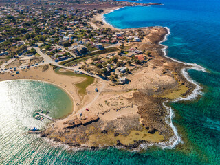 Aerial image of famous Stavros Zorbas beach, Crete Island, Greece, near Chania