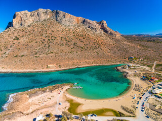 Aerial image of famous Stavros Zorbas beach, Crete Island, Greece, near Chania