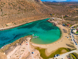 Aerial image of famous Stavros Zorbas beach, Crete Island, Greece, near Chania