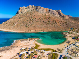 Aerial image of famous Stavros Zorbas beach, Crete Island, Greece, near Chania