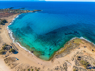 Aerial image of famous Stavros Zorbas beach, Crete Island, Greece, near Chania