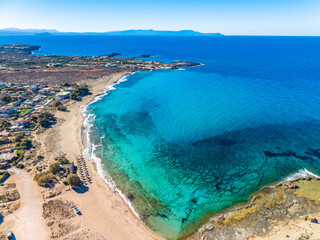 Aerial image of famous Stavros Zorbas beach, Crete Island, Greece, near Chania