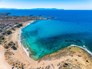 Aerial image of famous Stavros Zorbas beach, Crete Island, Greece, near Chania