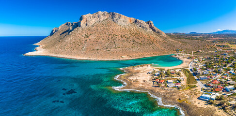 Aerial image of famous Stavros Zorbas beach, Crete Island, Greece, near Chania